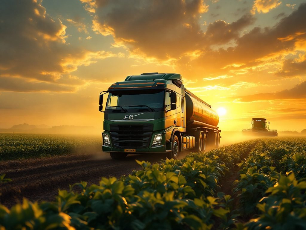 Caminhão-tanque abastecendo maquinário agrícola em lavoura