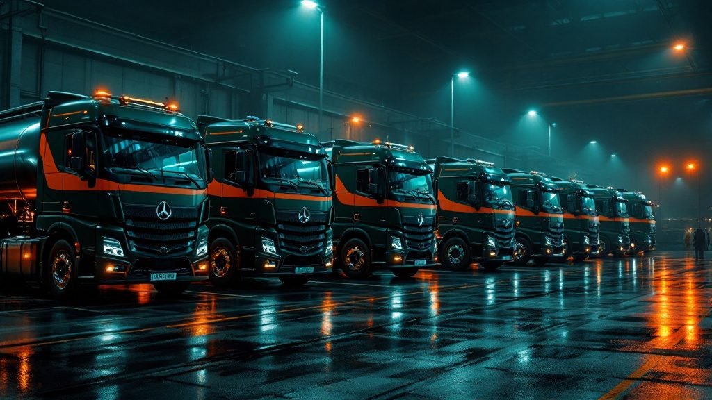 Frota de caminhões-tanque alinhada em terminal logístico